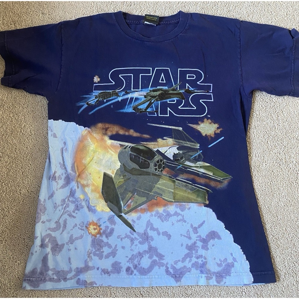 Vintage T-Shirt STAR WARS All Over F&B Graphic Medium Vinyl Blue Space Fighter